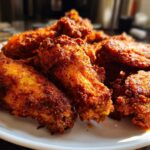 A close-up of several perfectly seasoned and crispy baked chicken wings piled on a white plate.