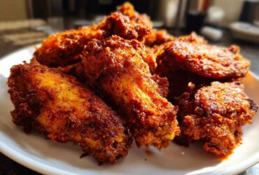 A close-up of several perfectly seasoned and crispy baked chicken wings piled on a white plate.