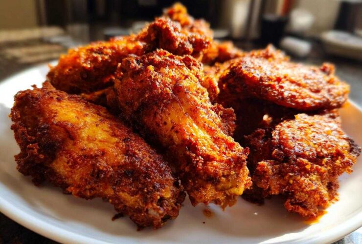 A close-up of several perfectly seasoned and crispy baked chicken wings piled on a white plate.