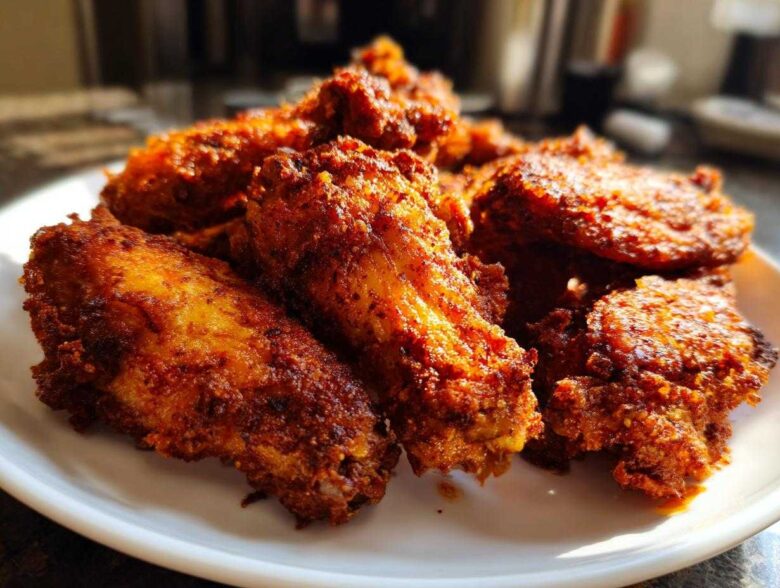 A close-up of several perfectly seasoned and crispy baked chicken wings piled on a white plate.