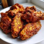 Close-up of several golden-brown, seasoned crispy baked chicken wings piled on a white plate.
