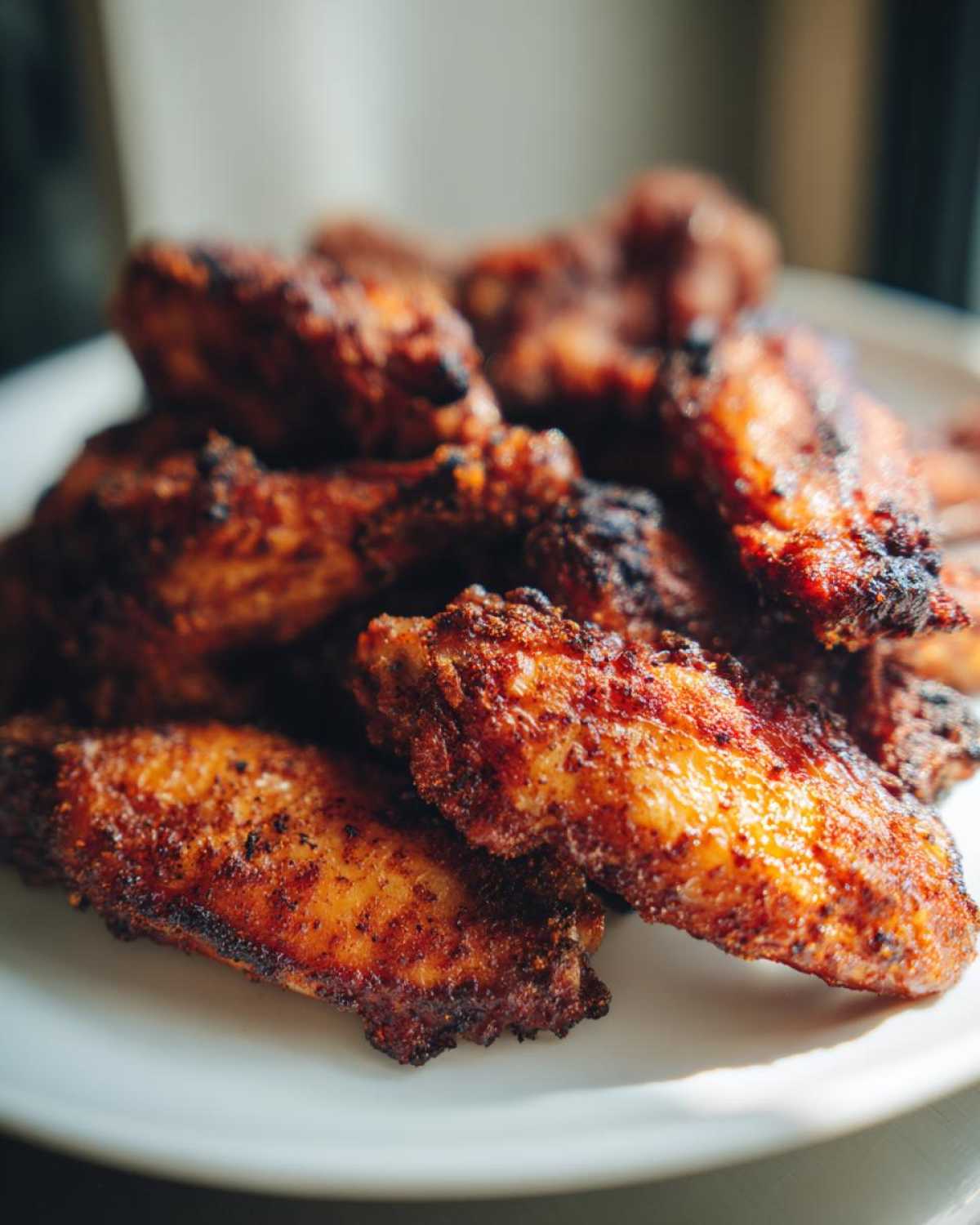 Close-up of perfectly seasoned and crispy baked chicken wings piled on a white plate.