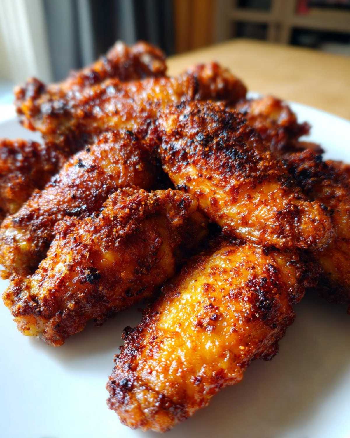 Close-up of golden brown, seasoned, and crispy baked chicken wings piled on a white plate.