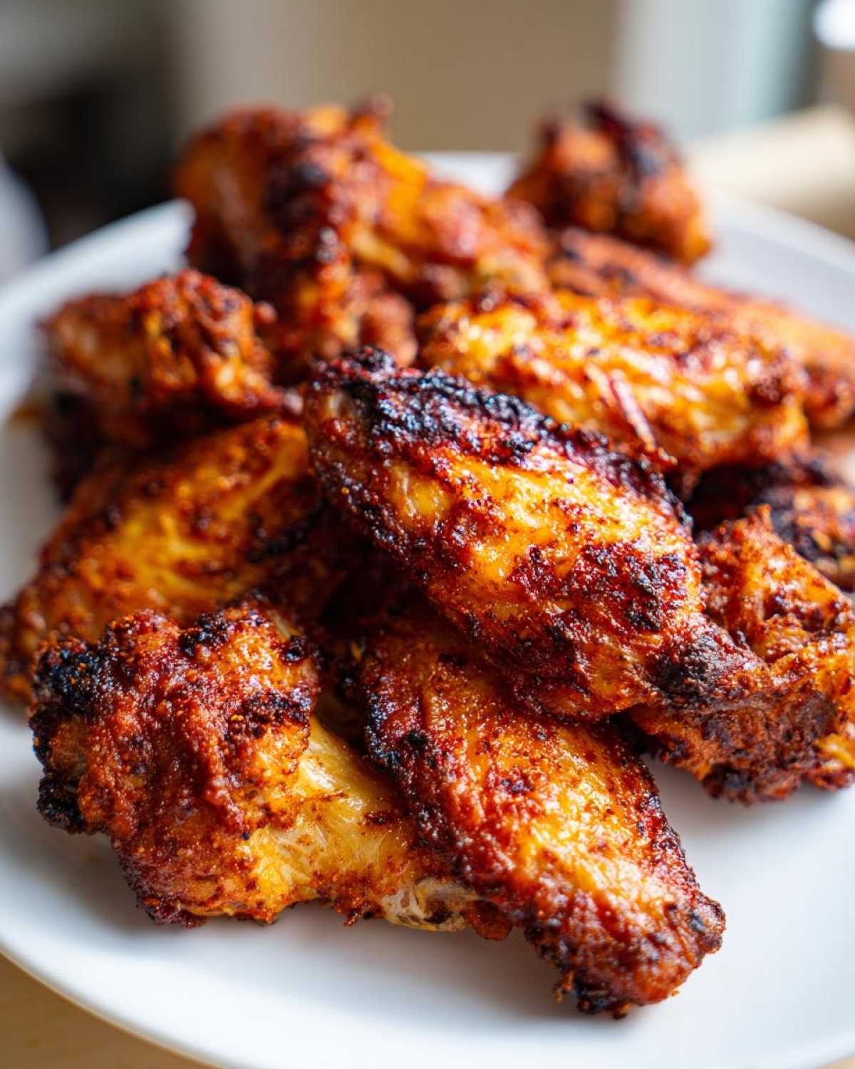 Close-up of a pile of perfectly seasoned and crispy baked chicken wings on a white plate.