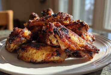 A close-up of perfectly cooked, intensely browned and crispy baked chicken wings piled high on a white plate.