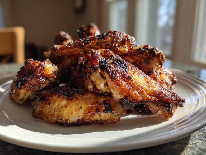 A close-up of perfectly cooked, intensely browned and crispy baked chicken wings piled high on a white plate.