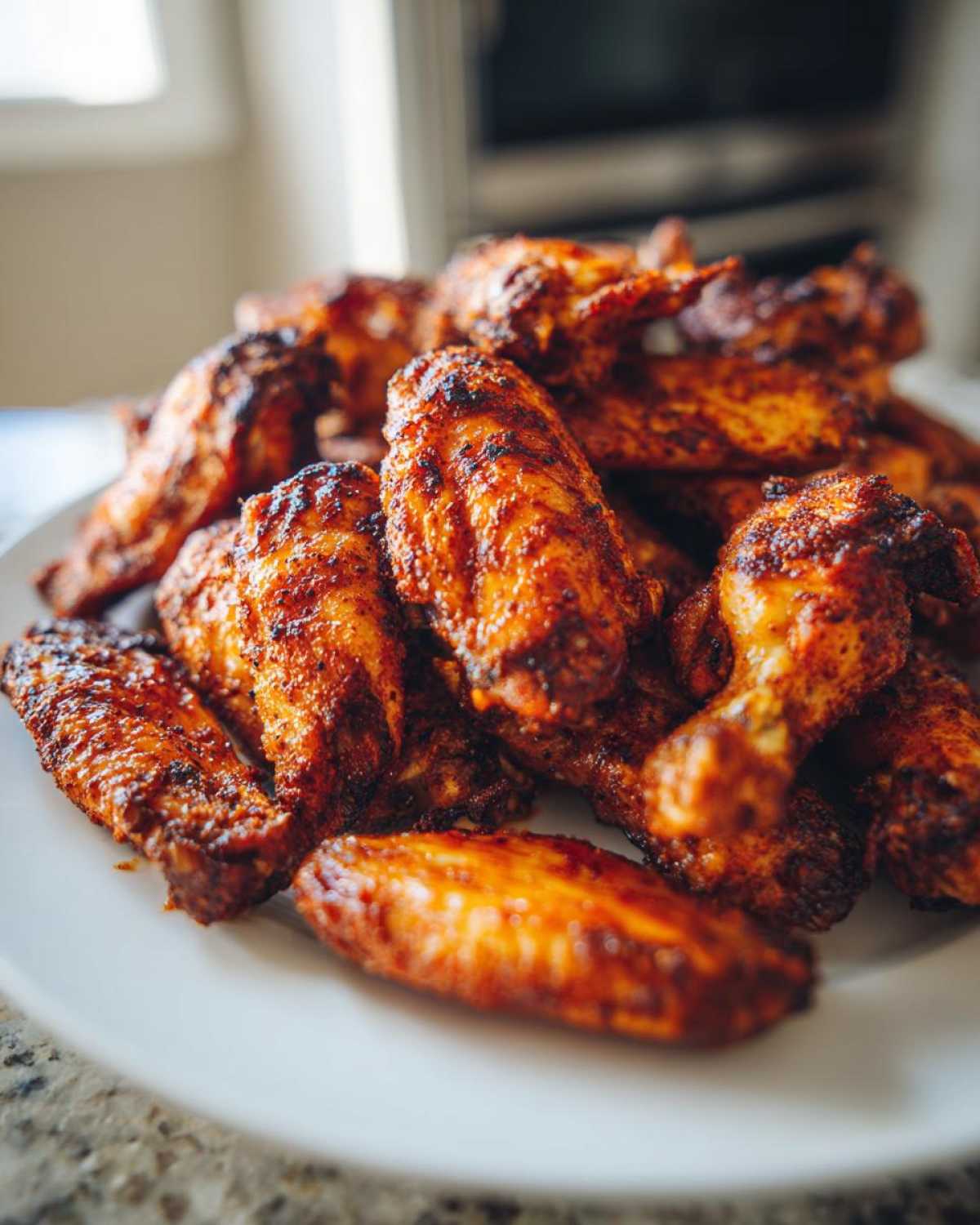 A close-up of a pile of perfectly seasoned and crispy baked chicken wings served on a white plate.