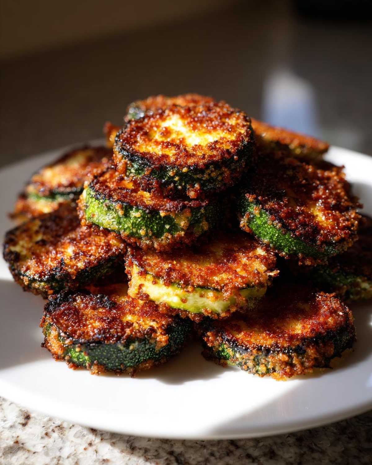 A stack of golden brown, crispy baked parmesan zucchini slices on a white plate.