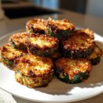 A stack of golden brown, crispy baked parmesan zucchini slices seasoned with coarse salt.