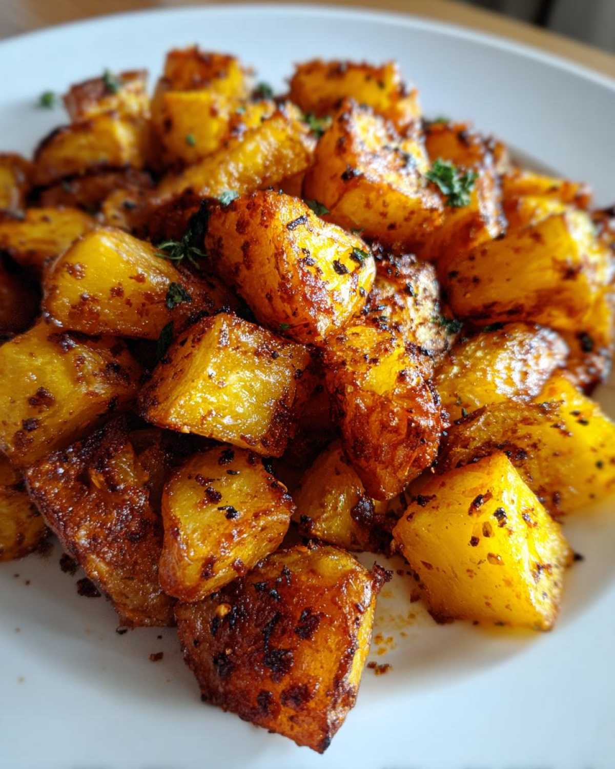 Close-up of golden brown, crispy breakfast potatoes seasoned with spices and garnished with parsley.