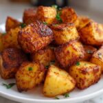A close-up of perfectly crispy, golden brown breakfast potatoes piled high on a white plate, garnished with parsley.
