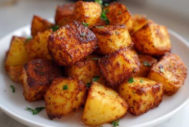 A close-up of perfectly crispy, golden brown breakfast potatoes piled high on a white plate, garnished with parsley.