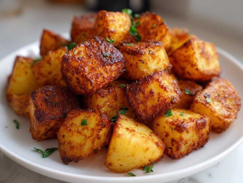 A close-up of perfectly crispy, golden brown breakfast potatoes piled high on a white plate, garnished with parsley.