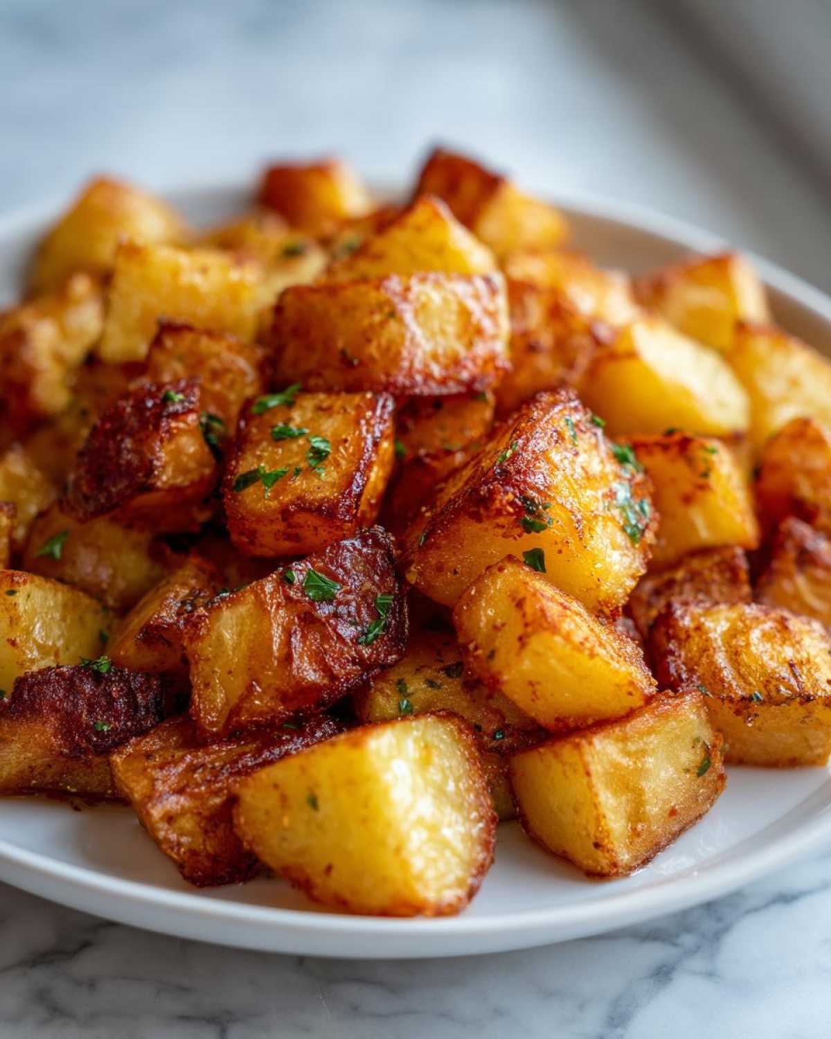 Close-up of perfectly crispy, golden brown breakfast potatoes seasoned and sprinkled with fresh parsley.