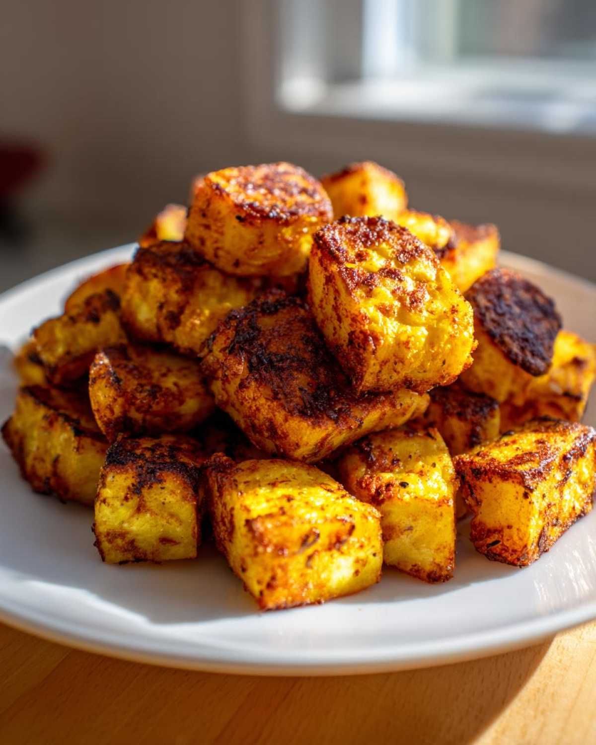 A pile of perfectly golden and crispy breakfast potatoes, well-seasoned and browned, served on a white plate.