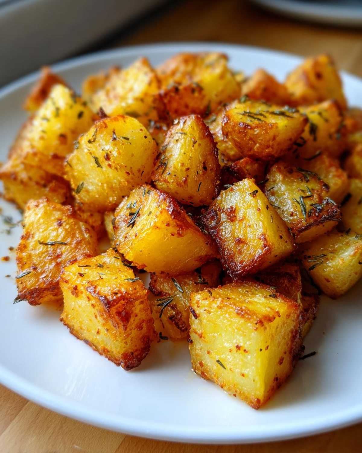 Close-up of perfectly crispy, golden brown breakfast potatoes seasoned with herbs on a white plate.