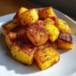 A close-up of perfectly golden and crispy breakfast potatoes seasoned with herbs, piled on a white plate.