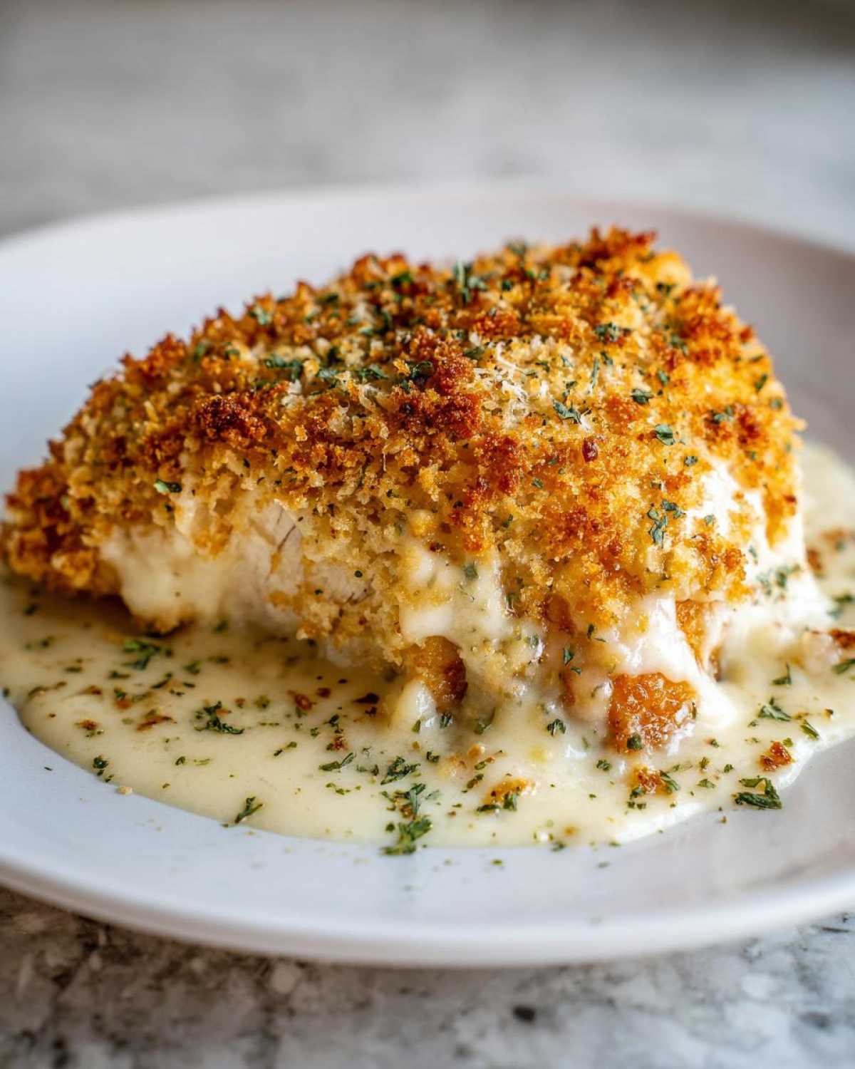 Close-up of a piece of crispy, breaded caesar chicken smothered in a creamy white sauce and sprinkled with parsley.
