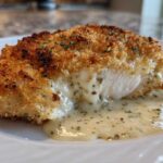 A cross-section of crispy, breaded caesar chicken oozing a creamy, herbed sauce on a white plate.