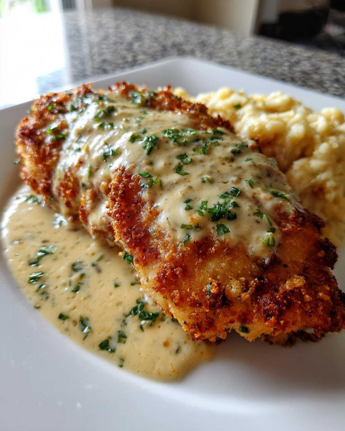 Close-up of crispy breaded caesar chicken topped with creamy sauce and parsley, served with mashed potatoes.