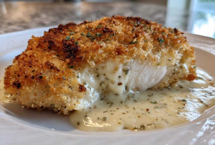 A cross-section of crispy, breaded caesar chicken oozing a creamy, herbed sauce on a white plate.
