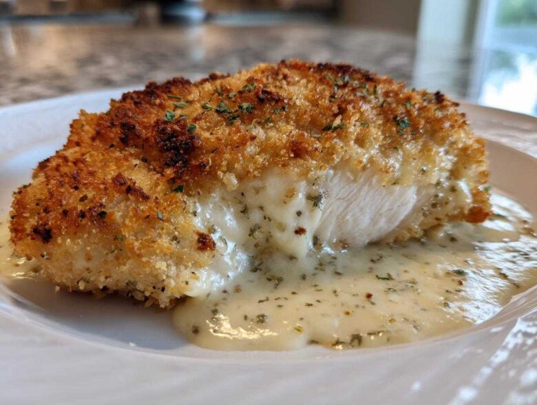 A cross-section of crispy, breaded caesar chicken oozing a creamy, herbed sauce on a white plate.