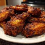 A close-up shot of a pile of perfectly crispy, seasoned chicken wings served on a white plate.