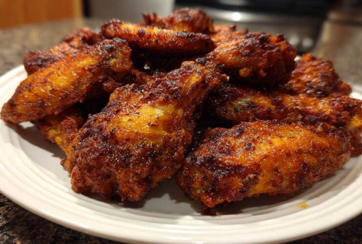 A close-up shot of a pile of perfectly crispy, seasoned chicken wings served on a white plate.