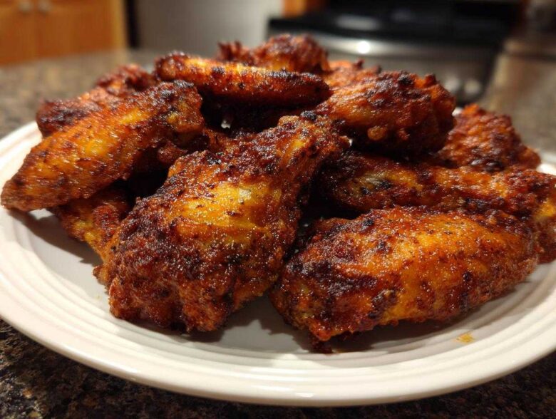 A close-up shot of a pile of perfectly crispy, seasoned chicken wings served on a white plate.