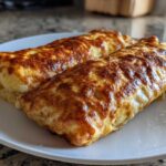 Two golden-brown, crispy chimichangas with a cheesy, slightly browned exterior served on a white plate.