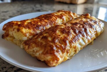 Two golden-brown, crispy chimichangas with a cheesy, slightly browned exterior served on a white plate.