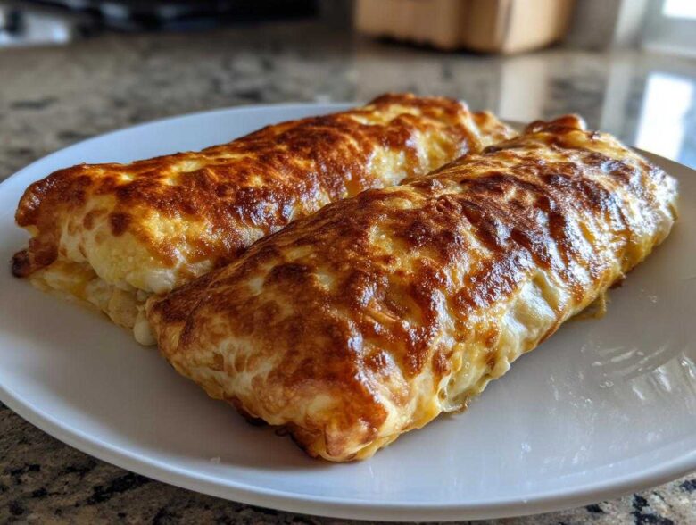 Two golden-brown, crispy chimichangas with a cheesy, slightly browned exterior served on a white plate.