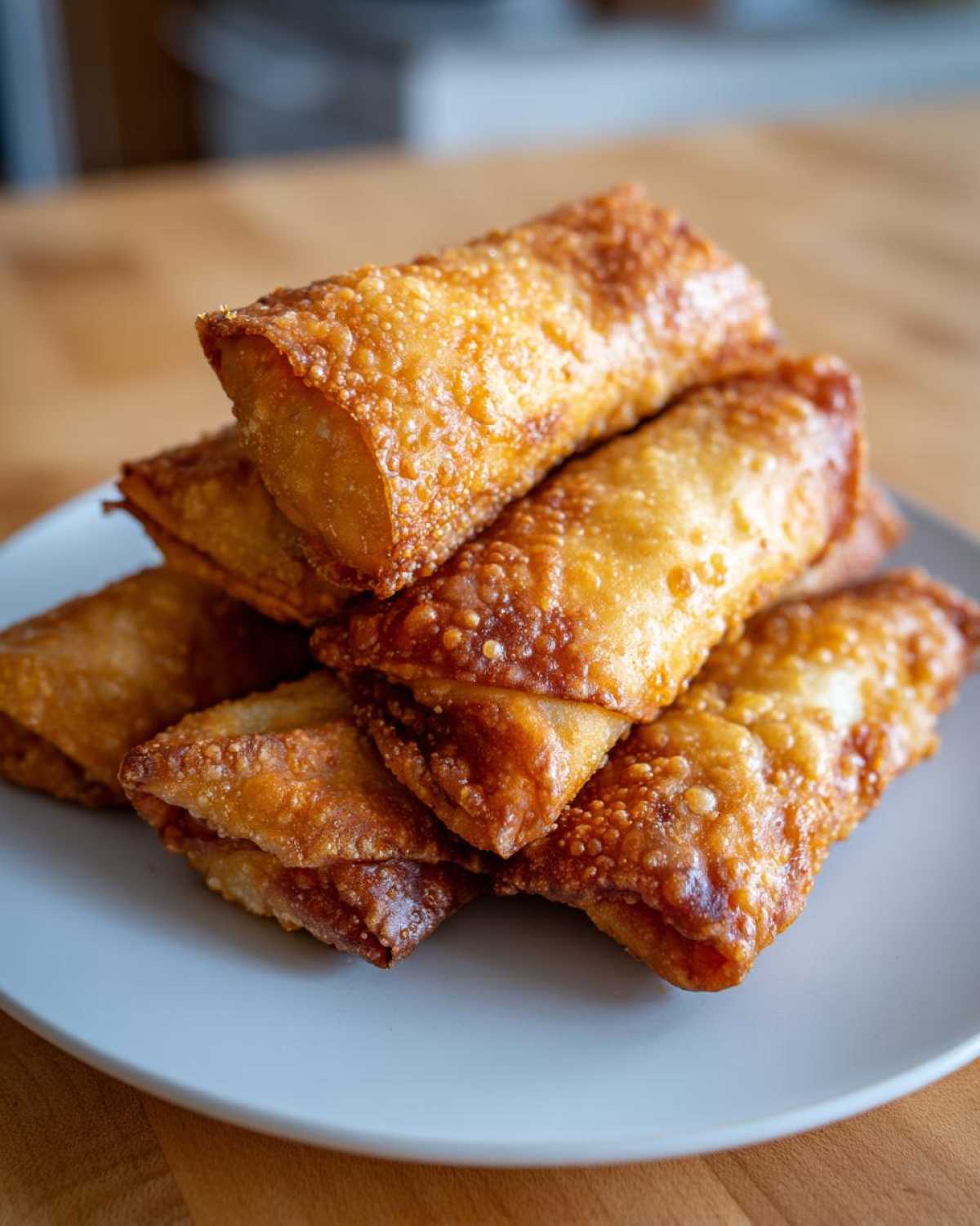 A stack of freshly fried, crispy golden brown egg roll appetizers piled on a light blue-gray plate.