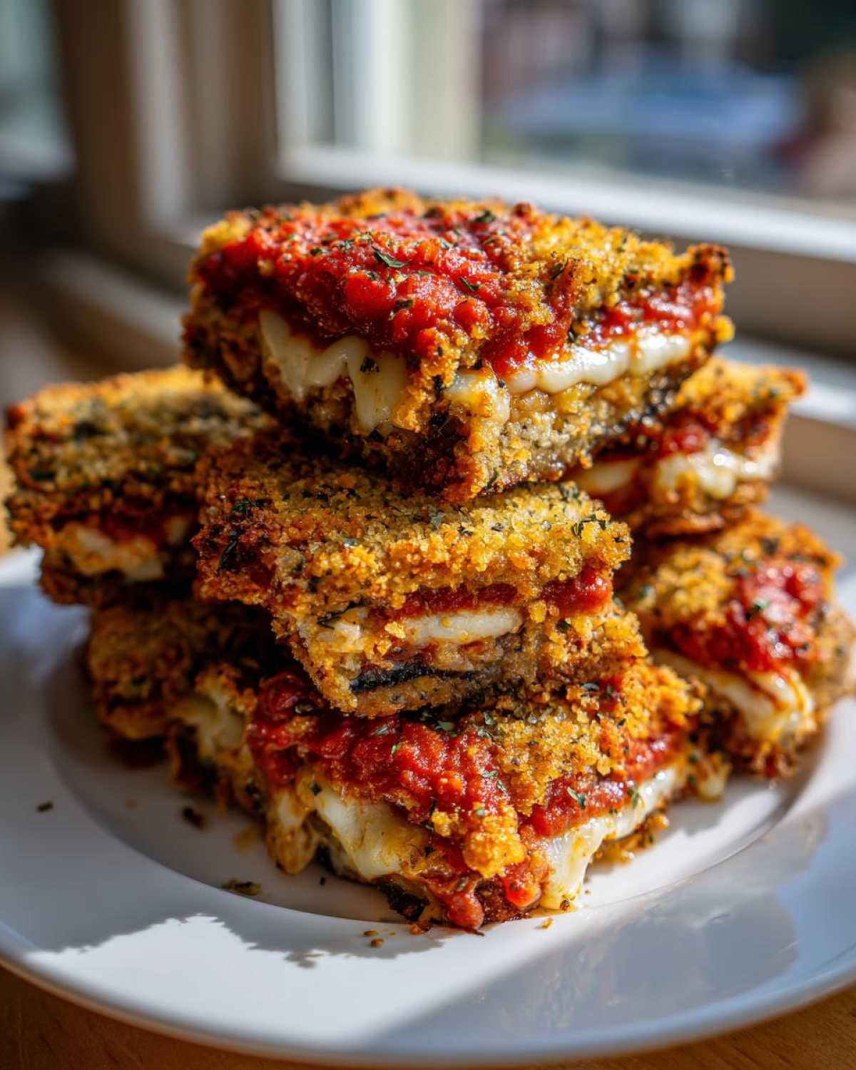 A stack of crispy, breaded squares of eggplant parmesan layered with melted mozzarella and rich tomato sauce.