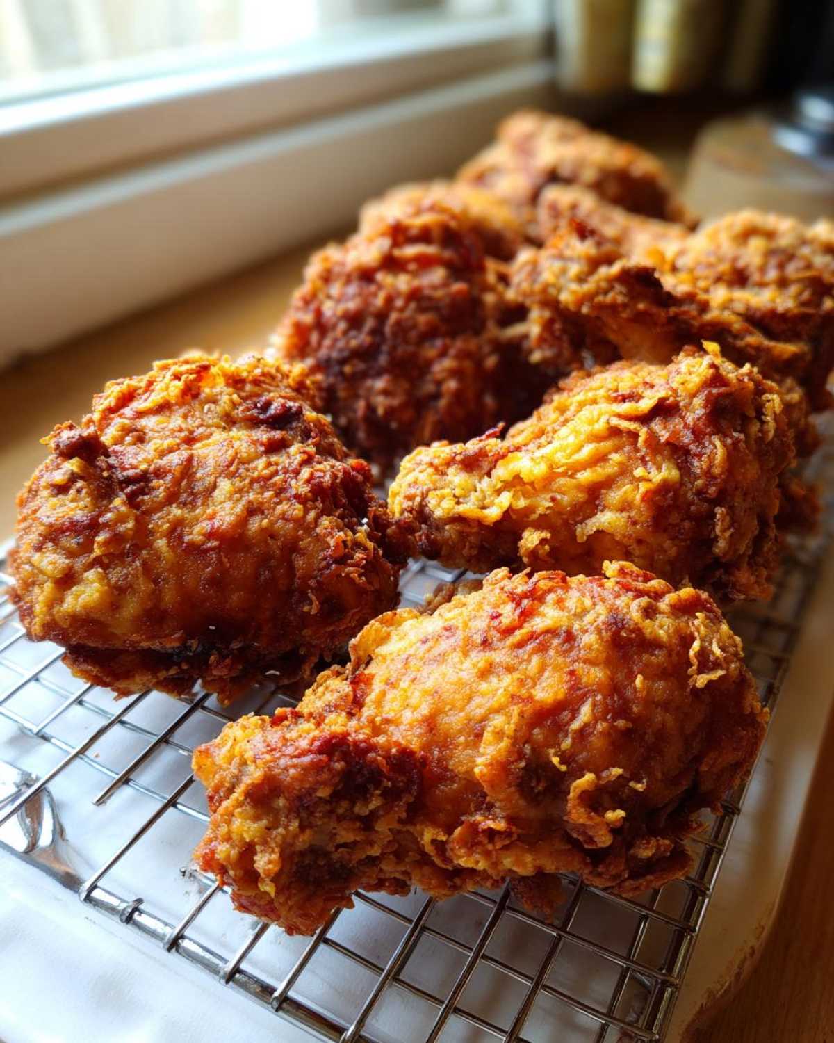 Several pieces of golden brown, crispy fried chicken resting on a wire cooling rack.