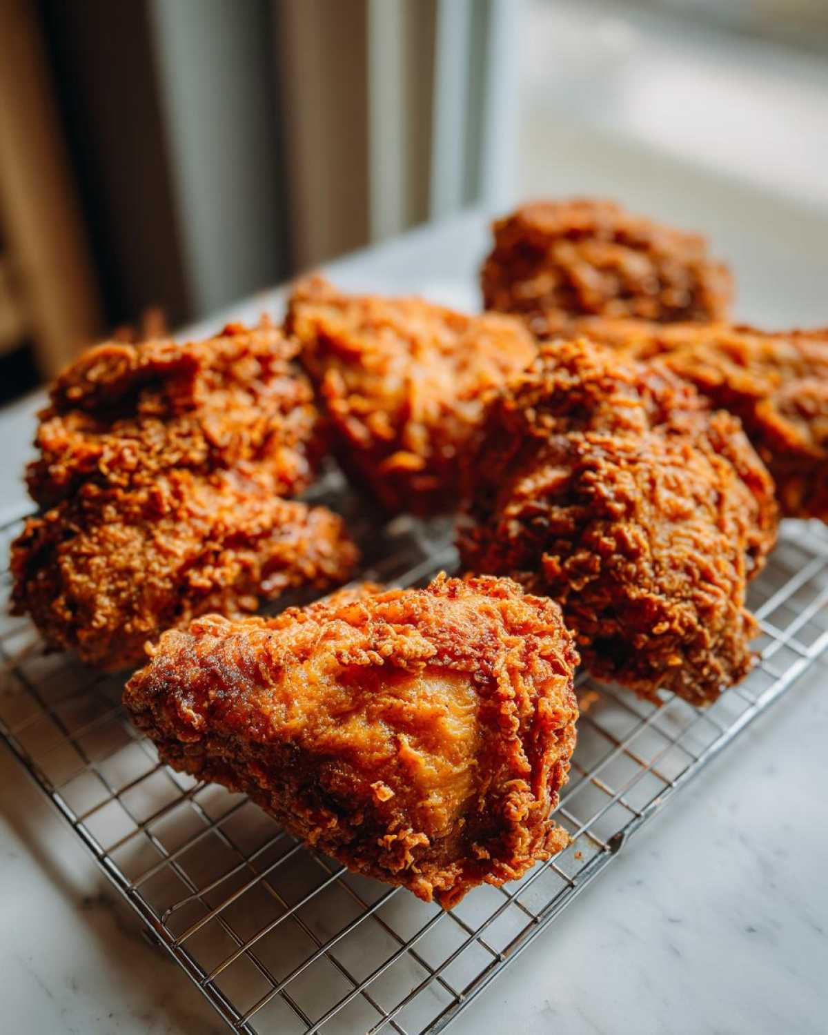 Close-up of several pieces of crispy, golden-brown fried chicken resting on a wire cooling rack.
