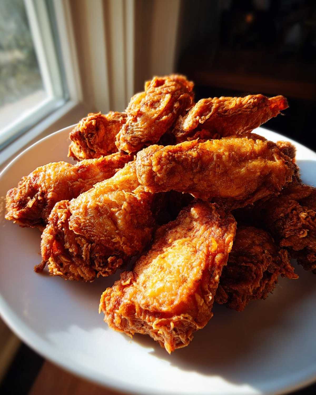 A close-up, sunlit pile of perfectly crispy fried chicken wings stacked on a white plate.