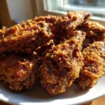 A close-up of several crispy, golden-brown fried chicken wings piled high on a white plate near a window.