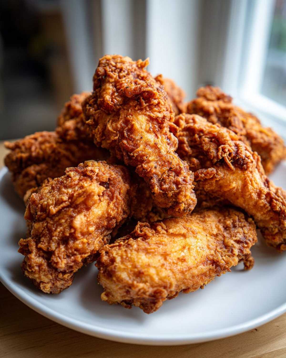 A close-up stack of perfectly golden brown, crispy fried chicken wings piled high on a white plate.