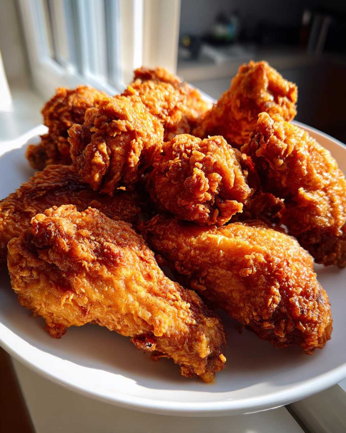 A pile of perfectly crispy, golden-brown fried chicken wings resting on a white plate near a window.