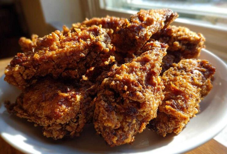 A close-up of several crispy, golden-brown fried chicken wings piled high on a white plate near a window.