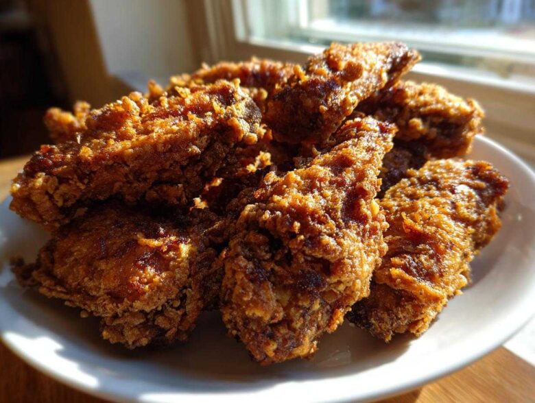 A close-up of several crispy, golden-brown fried chicken wings piled high on a white plate near a window.