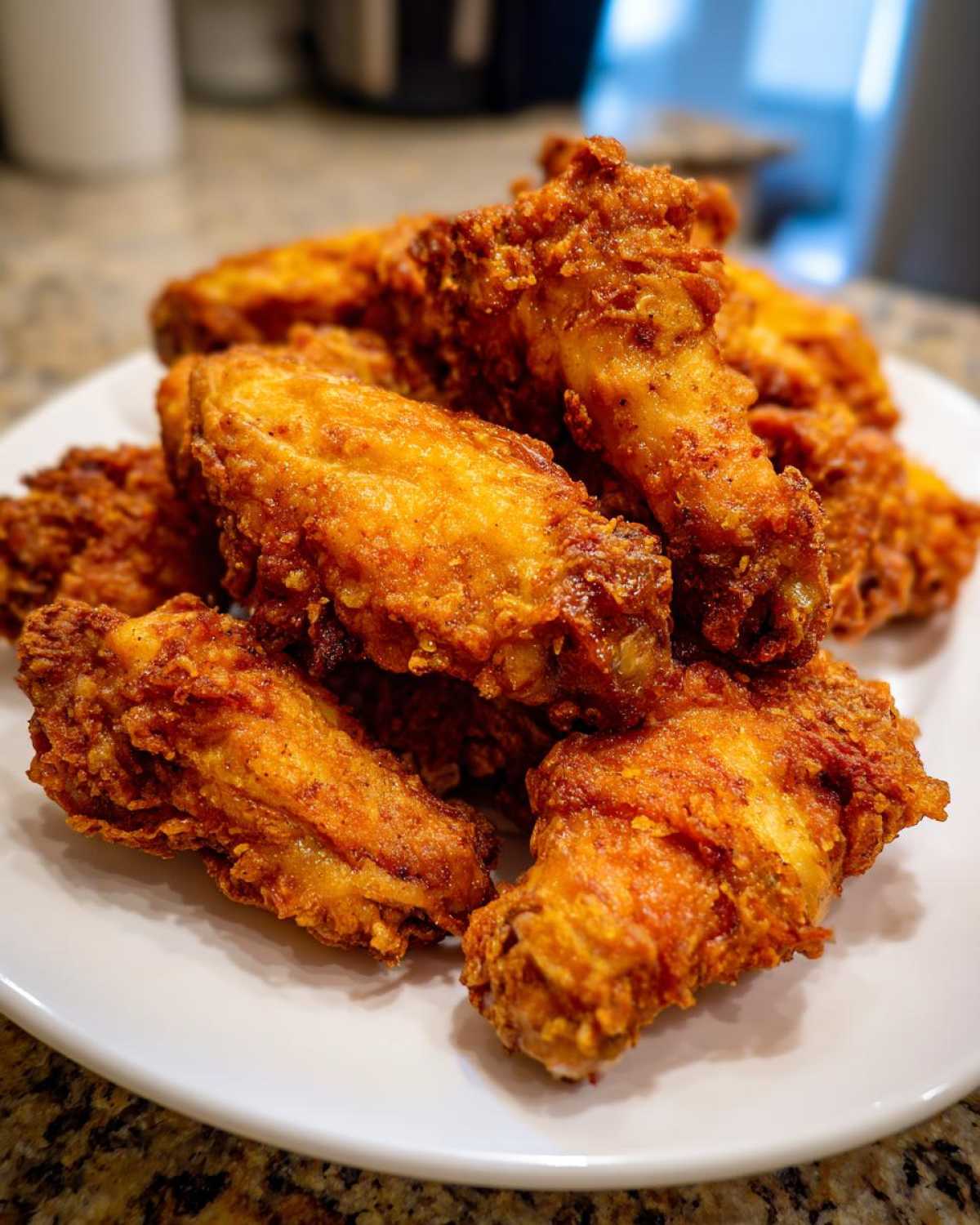 A close-up stack of golden brown, crispy fried chicken wings resting on a white plate.