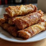 A stack of golden brown, crispy fried egg roll appetizers piled high on a white plate.