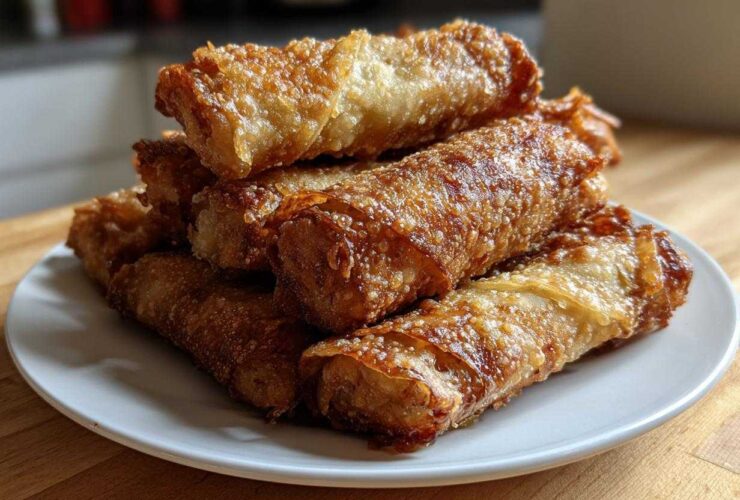 A stack of golden brown, crispy fried egg roll appetizers piled high on a white plate.