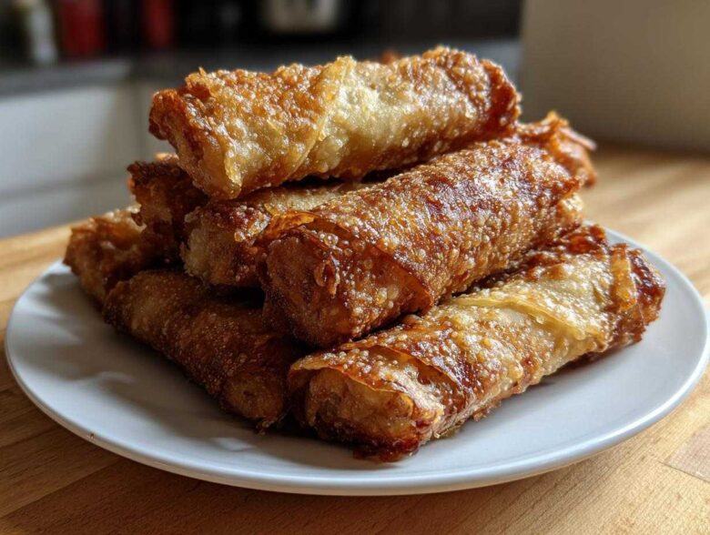 A stack of golden brown, crispy fried egg roll appetizers piled high on a white plate.