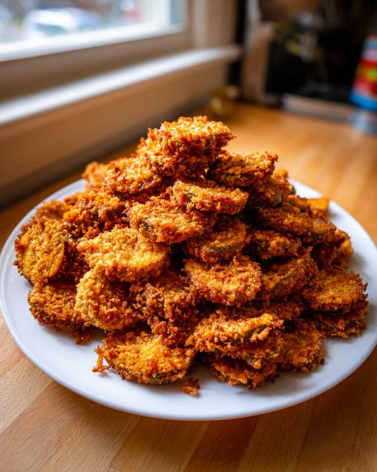 A large white plate piled high with golden brown, crispy Fried Pickles, set on a wooden surface near a window.