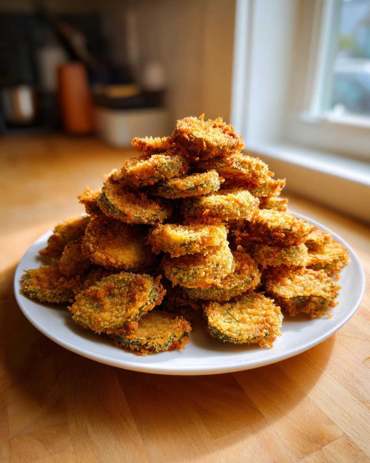 A tall mound of golden brown, crispy Fried Pickles stacked high on a white plate.