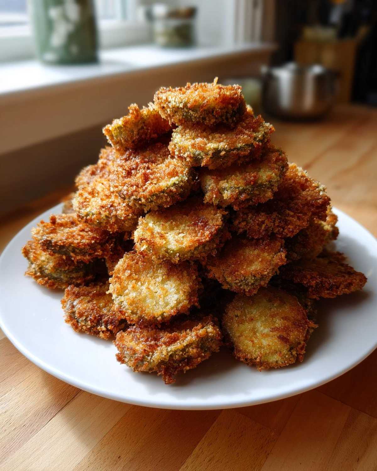 A tall stack of golden brown, crispy Fried Pickles piled high on a white plate, ready to eat.