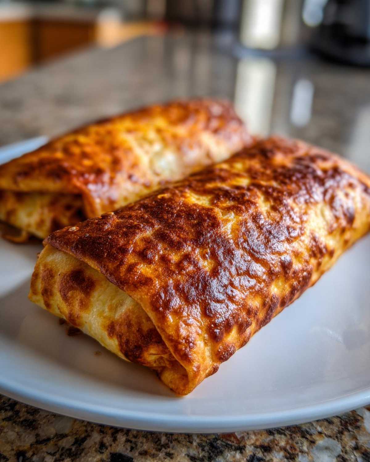 Two golden-brown, crispy Chimichangas resting on a white plate, showing a perfectly browned exterior.